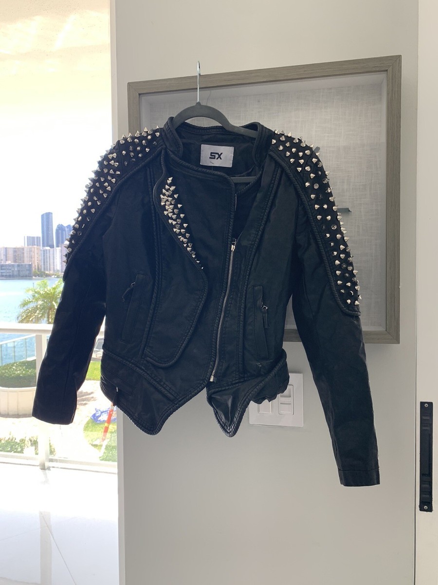 SX Punk Faux Leather Black Eagle 3 Jacket Studded Rivet Moto Sz XS