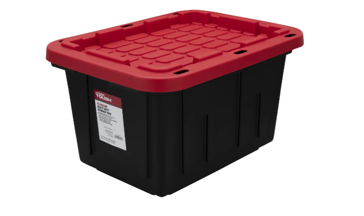 Hyper Tough 12 Gallon Snap Lid Stackable Plastic Storage Bin Container, Black with Red Lid