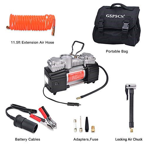 GSPSCN Portable Tire Inflator Double Cylinder Air Compressor Pump with LED 12V