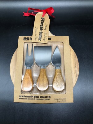 B&B Bread and Butter Acacia Wood 4 Piece Cheese Set, NEW