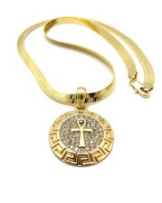 Hip Hop Iced Ankh Cross Medal Pendant  18" 20" 24" Herringbone Chain Necklace