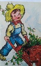 Vintage Greeting Card - ARS SACRA -Cute Boy Pushing Wheelbarrow of Holly