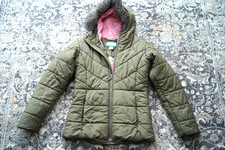 Columbia Katelyn Crest Puffer Hooded Jacket Faux Fur Girls L 14/16 Green Pink