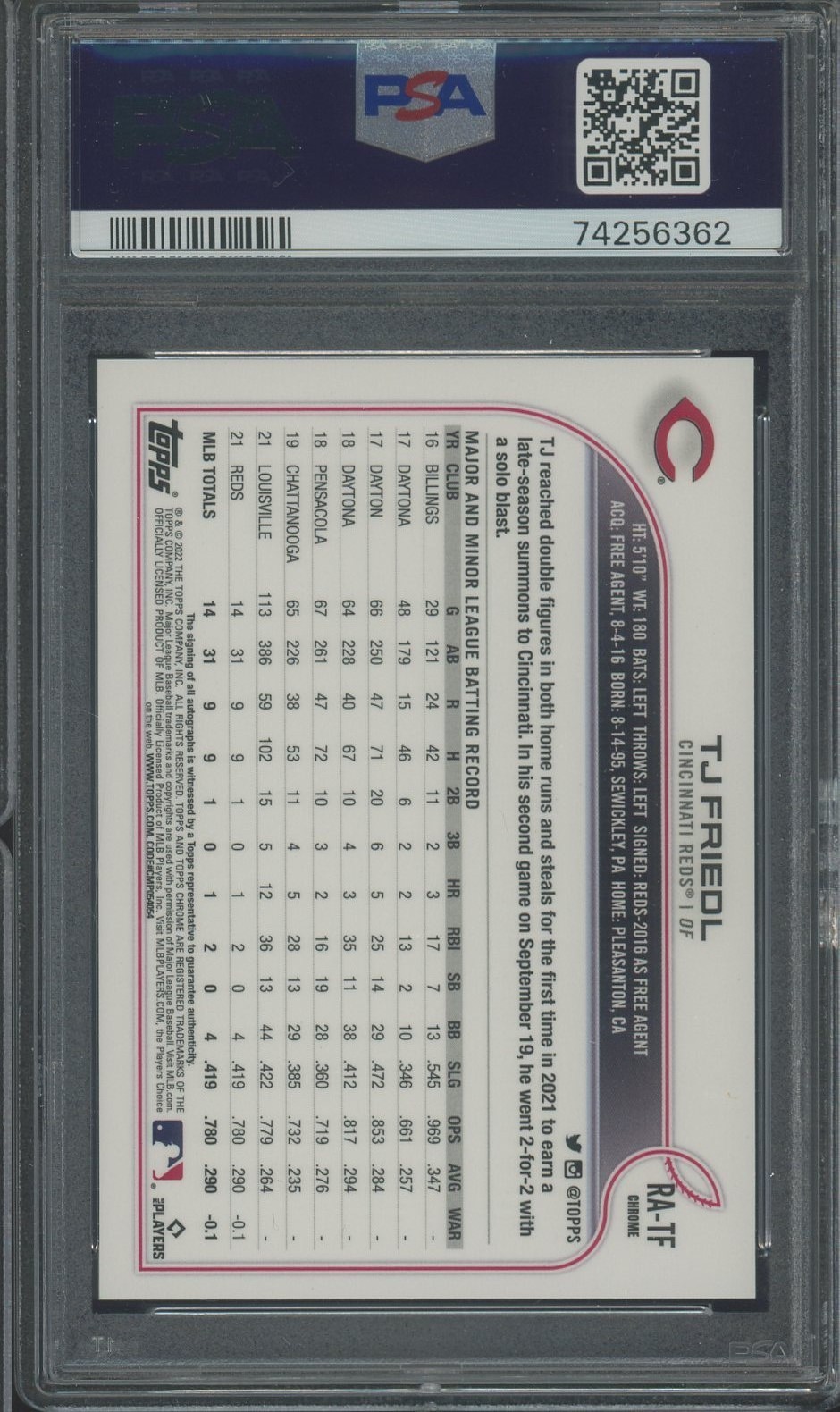 2022 Topps Chrome TJ Frield Cincinnati Reds RC Rookie AUTO PSA 9 MINT view 2
