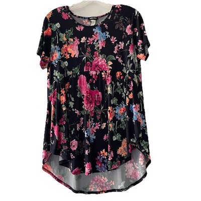 Heimish Womens Size Small Pink Black Floral BabyDoll Stretchy Shirt Top