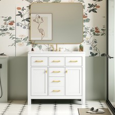 Modern 36'' Solid Wood White Bathroom Vanity - Ceramic Sink,4 Drawers 2 Cabinets