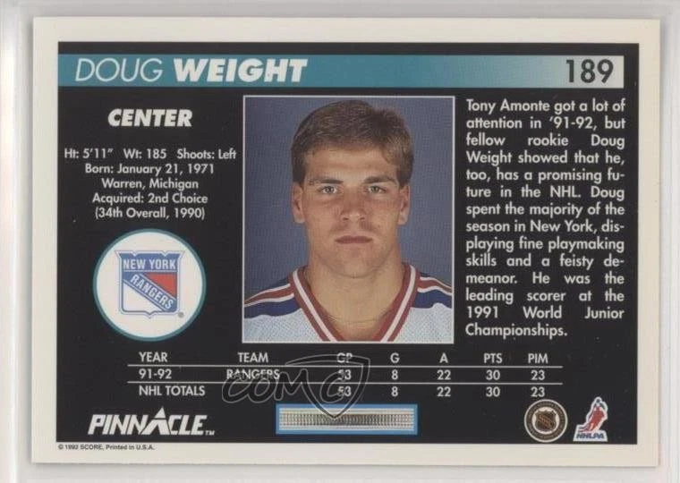 1992-93 Pinnacle Doug Weight #189 - Image 2 of 2