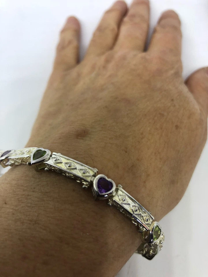 Vintage Handmade Genuine Peridot Amethysts 925 Sterling Silver Tennis Bracelet - Image 3 of 4