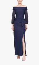 Alex Evenings Navy Blue Sheer Long Sleeve Evening Gown Size 6 249