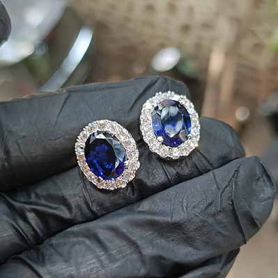 #ad 1.20Ct Oval Cut Lab Created Sapphire Halo Stud Earrings 14K White Gold Plated $71.99