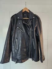 Stradivarius Black Faux Leather Biker Jacket Oversized - Size L