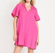 Old Navy L Pink Cotton Pockets Flutter Sleeves Crinkle Gauze Mini Swing Dress