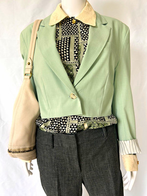 Bershka Women's Seafoam Green Crop Blazer Jacket Button Collared Lined Large L