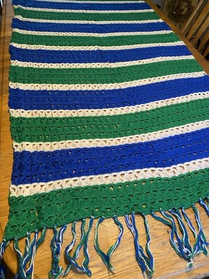 Handmade Crocheted Afghan Lap Blanket Throw Blue Green White Stripes 76 x 36 in