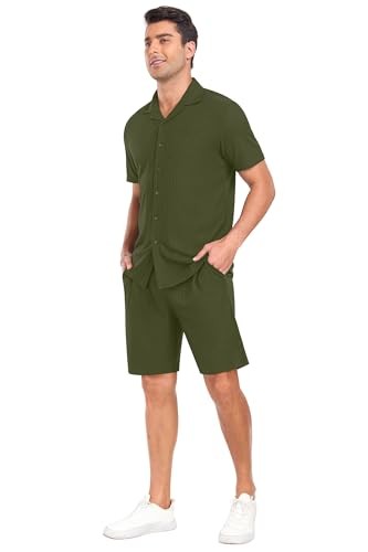 Mens Short Sleeve Outfits 2 Piece Summer Beach Button Down Shirts and Shorts - Picture 2 of 6