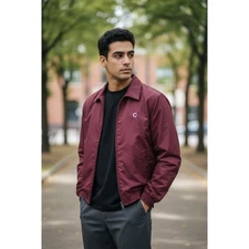 Chaps Men's Bomber Jacket Size M Burgundy Casual Outerwear plaid lining preppy