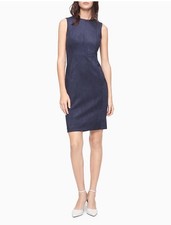 NWT CALVIN KLEIN Navy Blue Fitted Scuba Suede Sleeveless Sheath Dress SZ 4 $129