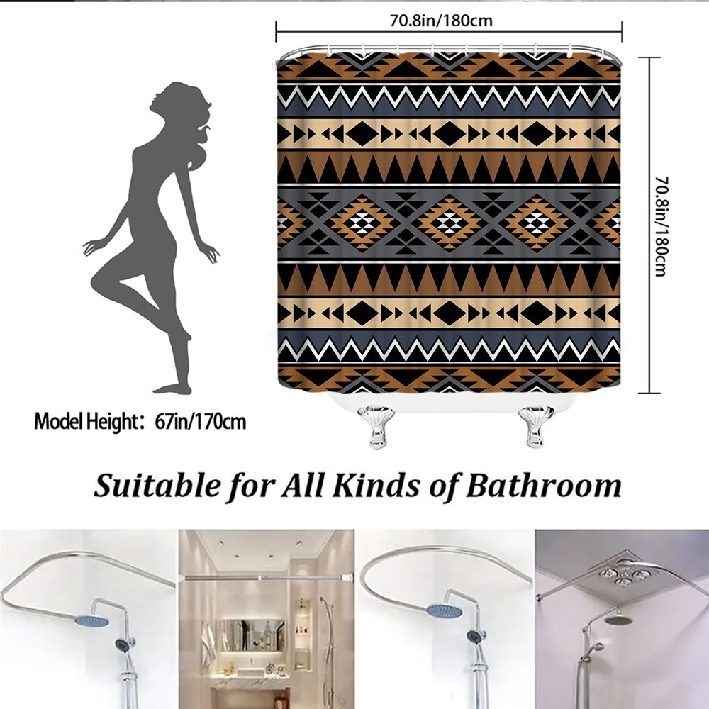 Brown Ethnic Shower Curtain Tribal Geometric Print Waterproof Bathroom Decor