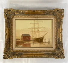 Vintage Frederick Fields Clipper ship Oil on Canvas Painting Framed 18x15"