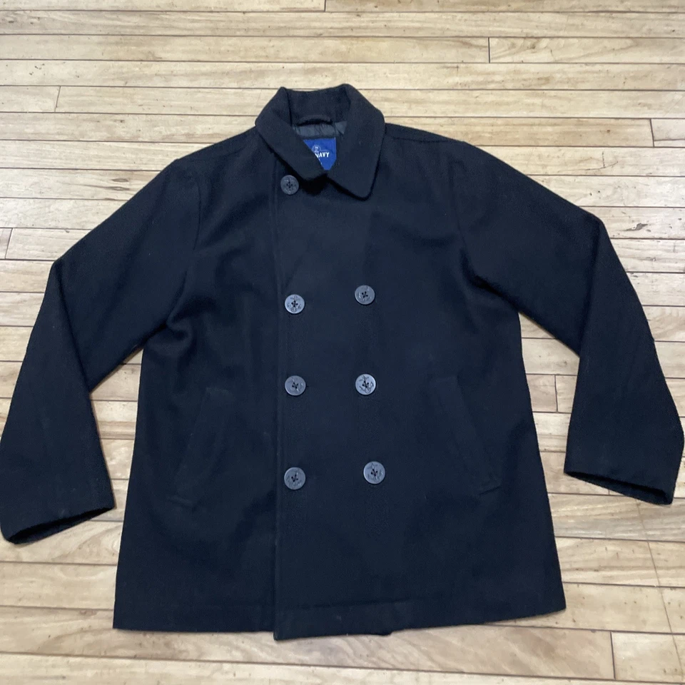 OLD NAVY Peacoat Recycled Wool Blend Men Large Black Overcoat Heavyweight Jacket - Image 3 of 4