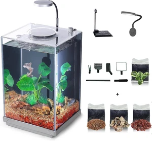 Nano Desktop Betta Aquarium 2.7 Gallon Glass Fish Tank Set, Hidden Bottom Filtra