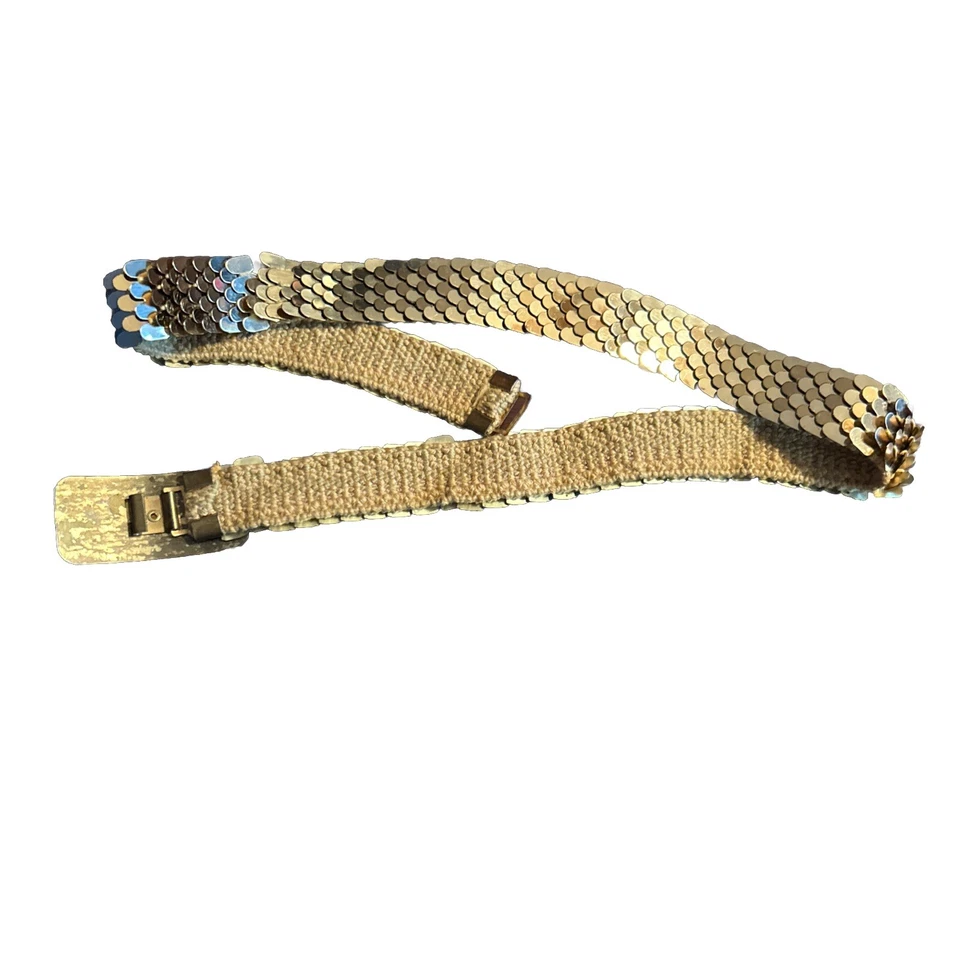 VINTAGE 28 Inch Gold Belt Women Sequin Flower Buckle Scale Webbing Dress Gatsby - Image 4 of 4