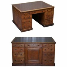ANTIQUE ENGLISH VICTORIAN DOUBLE SIDED OAK TWIN PEDESTAL 18 DRAWER KNEEHOLE DESK