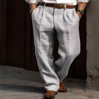 Men's Linen Pants Double Pleated Front Pockets Straight Tube Solid