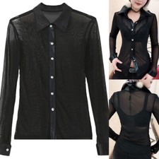 Damen Schwarzes Mesh Sheer Hemd Bluse Langarm Button-Up Casual Sexy Passform