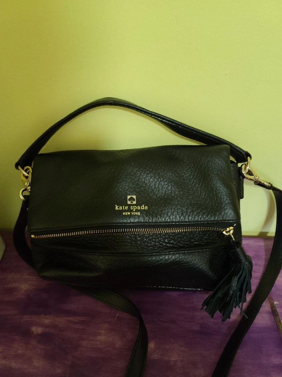 KATE SPADE Black Pebbled Leather Bag Fold Over Zip Closure Tassel Purse  Handbag