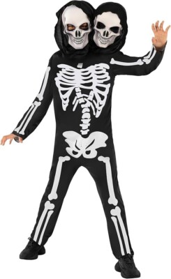 Kids 2 Headed Skeleton Costume Boys Girls Scary Halloween Jumpsuit + Mask