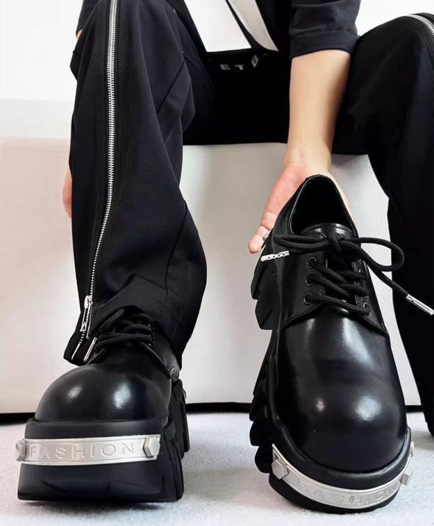 Derby Shoes Mens Round Toe Platform Metal Punk Shoes Chunky Heel