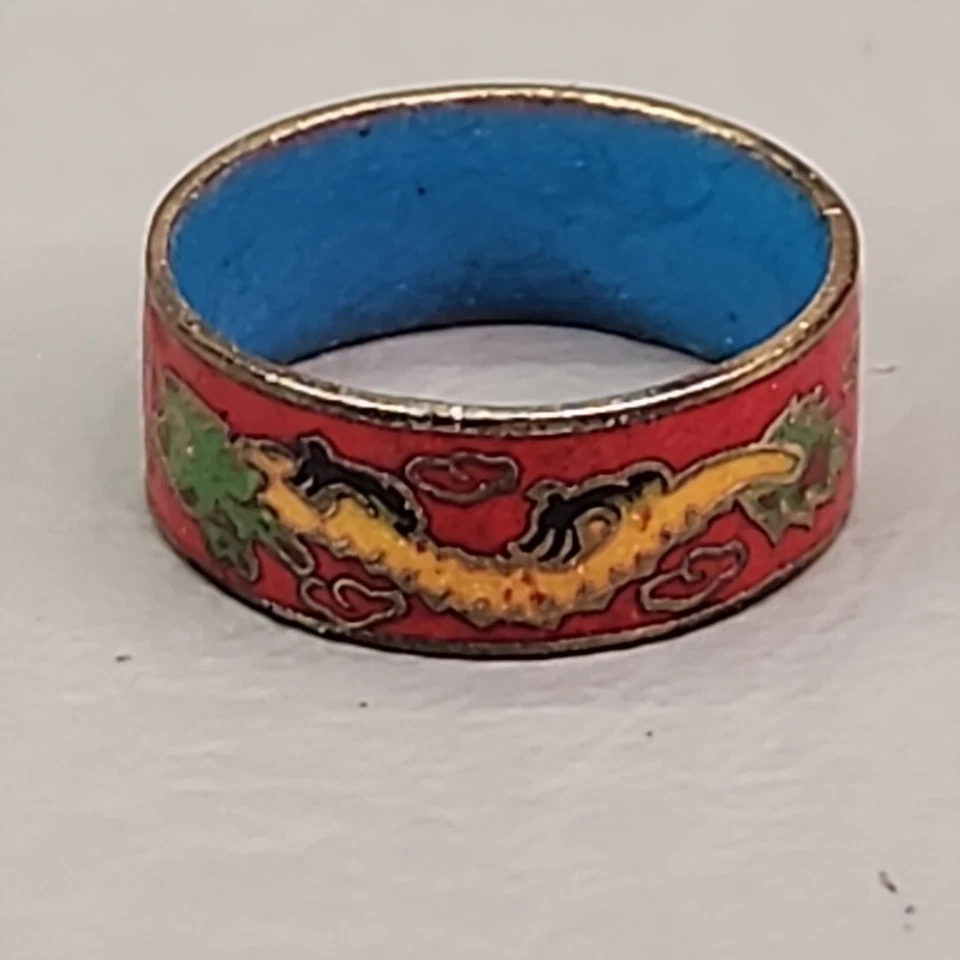 Anillo Cloisonne Dragón Banda Rojo Multicolor Tono Dorado Asiático 6mm Talla 5.5 Foto 3 de 4