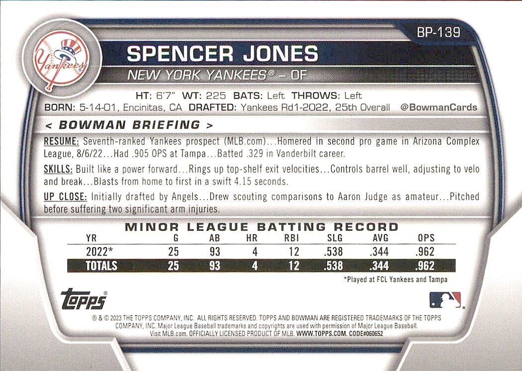 2023 TOPPS BOWMAN PROSPECT 1ST NEW YORK YANKEES SPENCER JONES BP139
