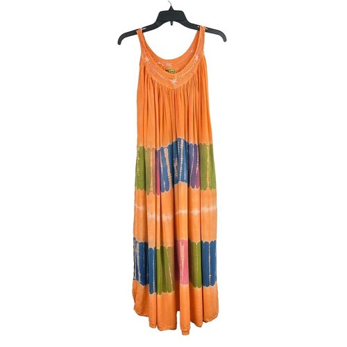 Vtg In Gear Midi Dress Womens One Size Orange Woven Tie Dye Sleeveless Boho