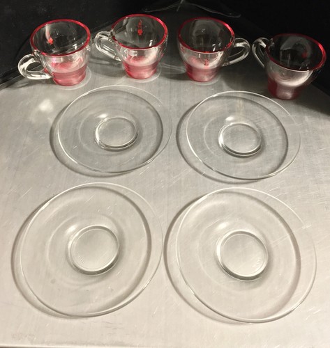 4 Vtg Bialetti Italy RED BASE Glass Coffee Espresso Cups & Saucers sets 2" tall - Picture 2 of 13
