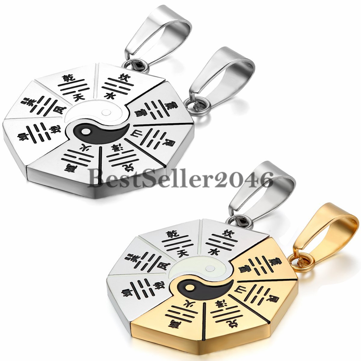 2pcs Yin Yang Tai Chi Bagua Couple Necklace Stainless Steel Pendant Chain
