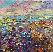 Quadro olio fiori selvatici ORIGINALE arte lupino campo floreale opera d'arte paesaggio 6x6"