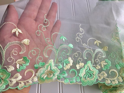 Green Floral Embroidered Lace Trim with White Tulle /Sewing/Bridal/7.5" Wide - Picture 10 of 12