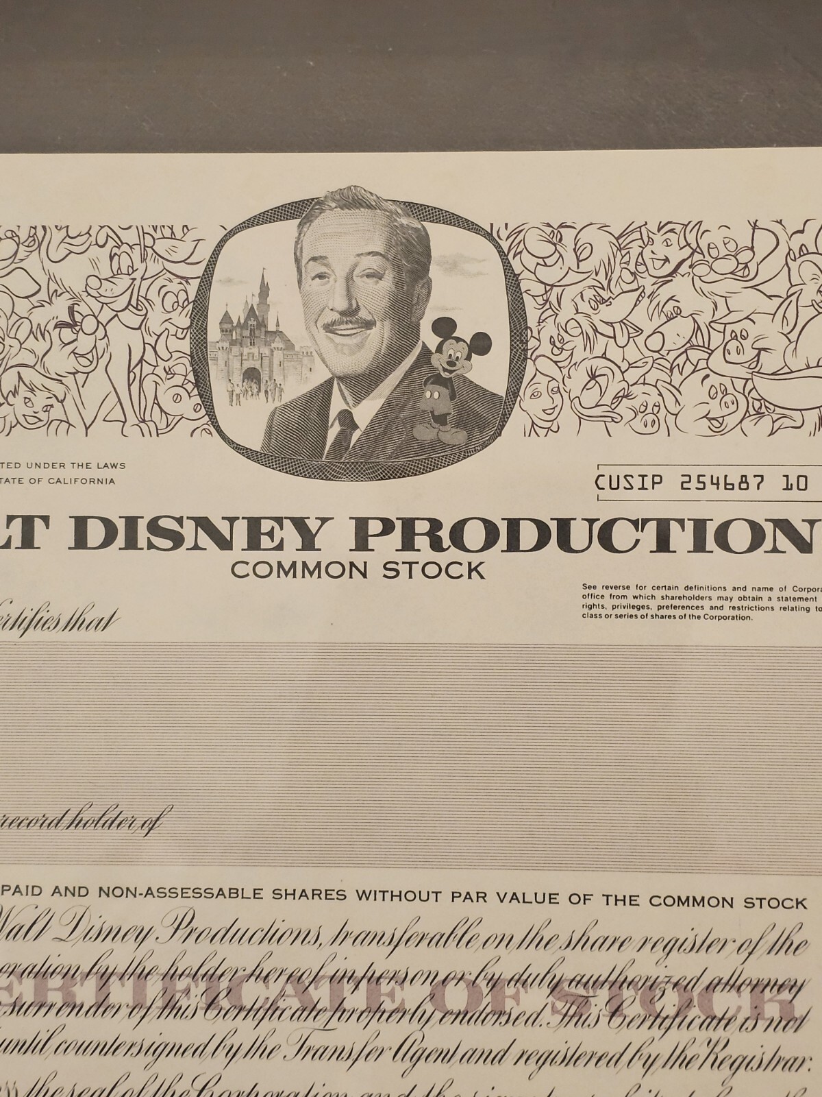 Original 1967 Walt Disney stock certificate Mickey Mouse Authentic Uncirculated