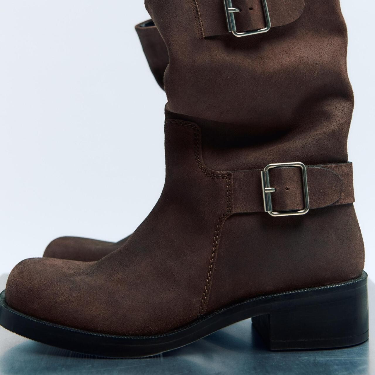 ZARA SPLIT SUEDE ANKLE BOOTS WITH BUCKLES SLOUCH DARK CHOCOLATE BROWN 9 42 11
