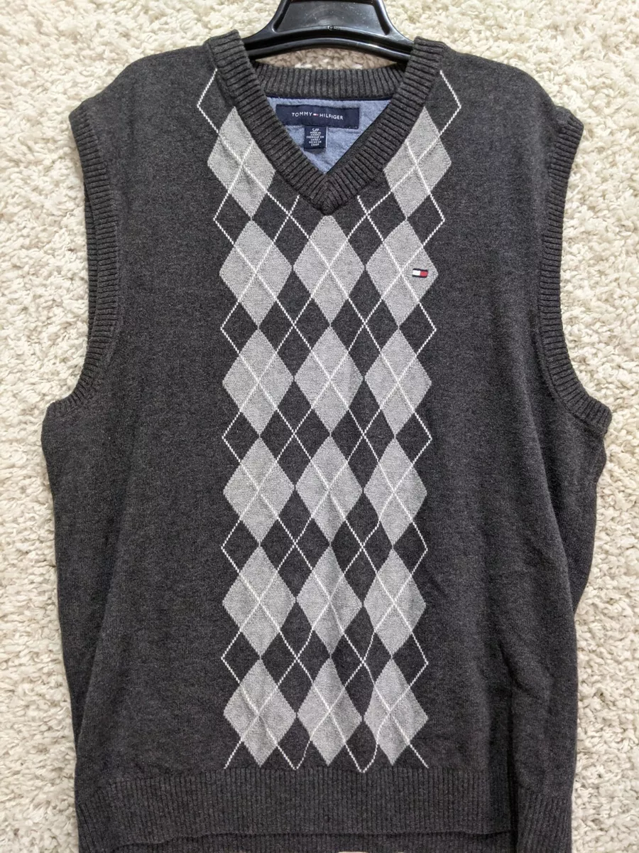 Tommy Hilfiger Sweater Vest Mens Small Black Gray Argyle V Neck