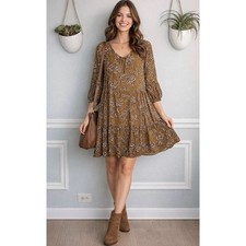 Ryllace Peasant 100% VISCOSE Mustard Promenade Tiered Floral Dress Plus Sz 20 1x