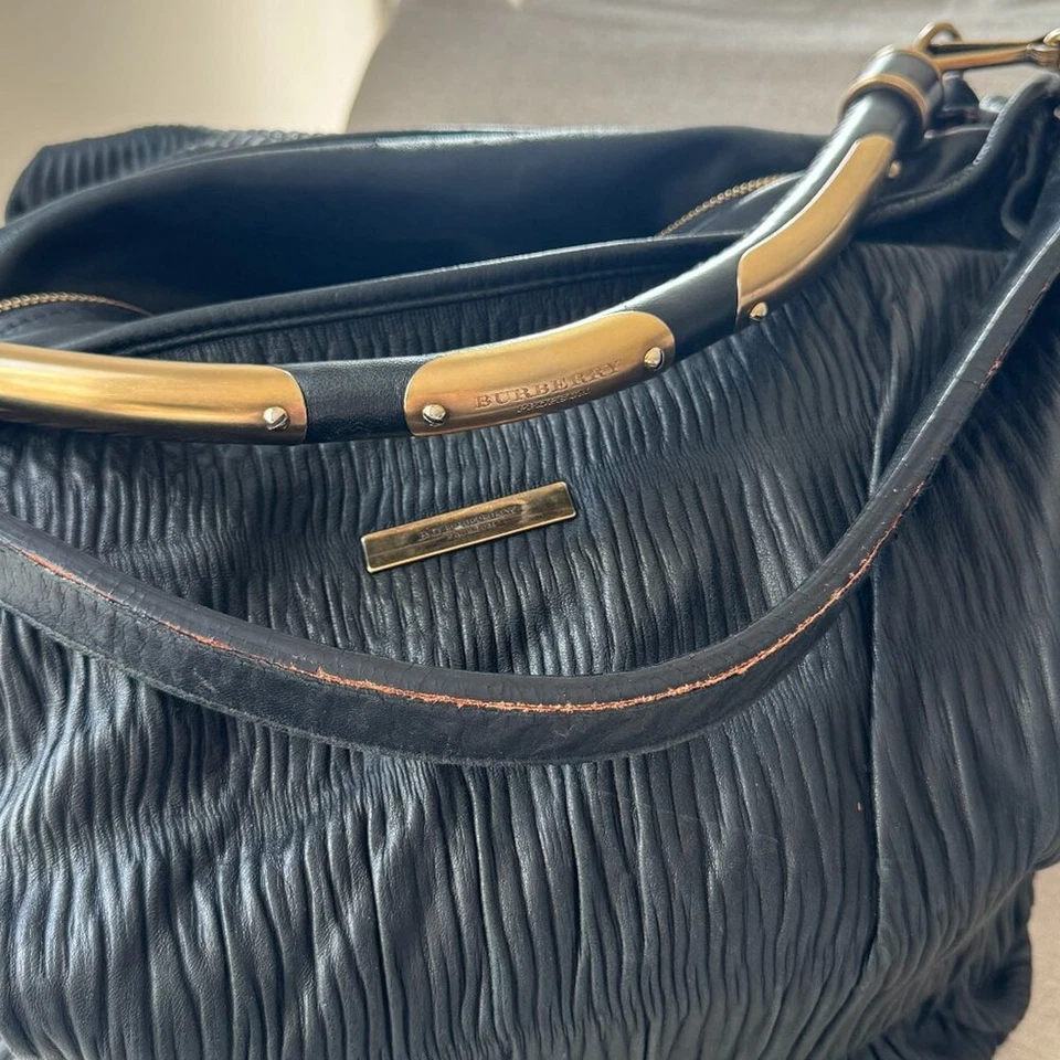 Burberry Prorsum Black Leather Crinkle Texture Large Tote Shoulder Hobo Bag Gold - Image 2 of 4