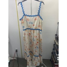 CeCe Ric-Rac Trim Coastal Print Linen Blend Midi Dress XL Blue Orange White