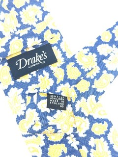 #1 MENSWEAR Drakes Made in England Silk Linen Blue White Gold Leaf Paisley Tie