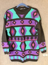 80s Vintage Sweater Geometric Shapes Multicolored Knit Women's