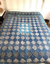 1880-1910 quilt blues and grays with flannel backing hand pieced and tied 72.5x7
