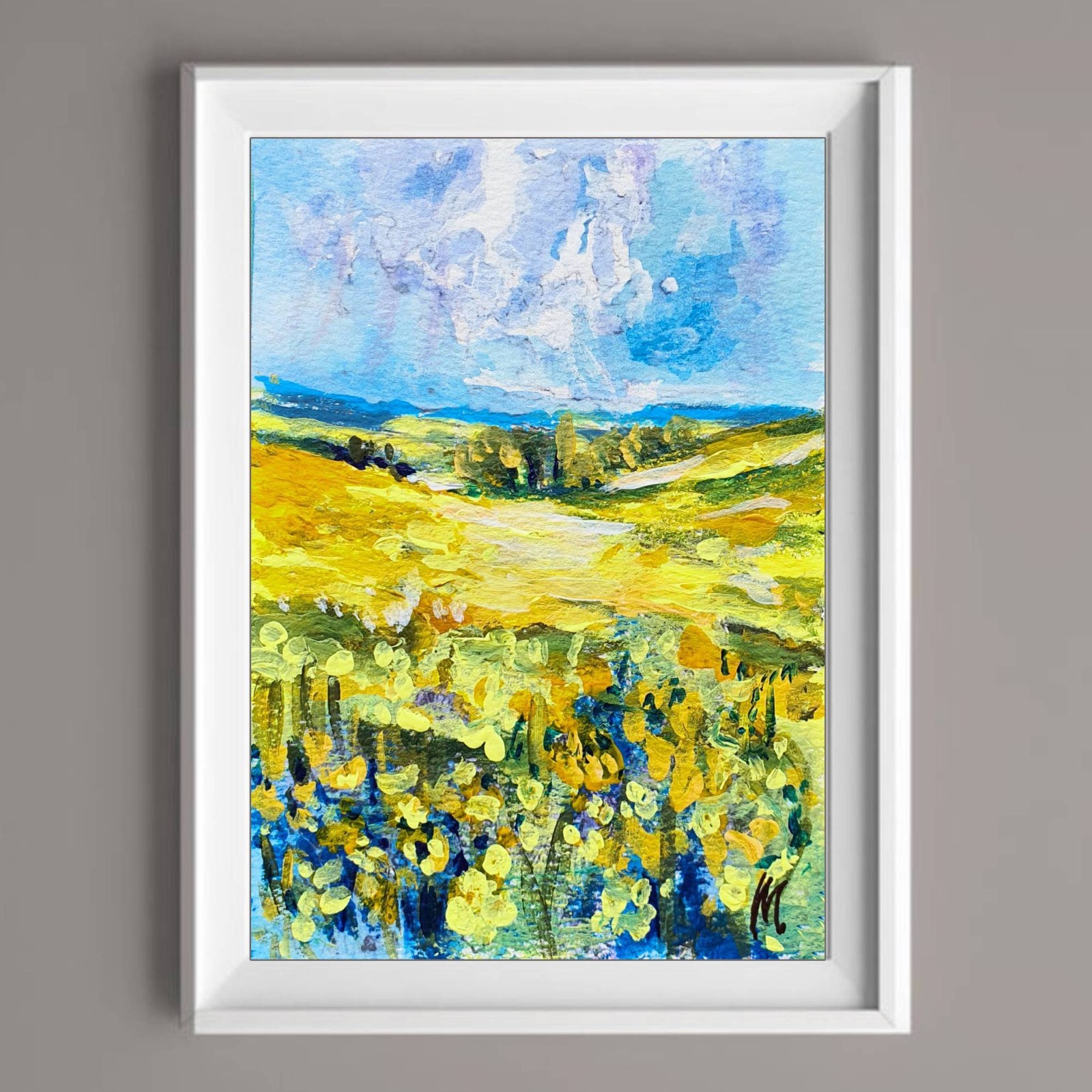 Golden Field Landscape Painting Original Art Wildflower Meadow Sky 6x4 Texas