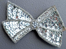 Vintage Silver Sequin Bow Hair Barrette 3 " Flexible Vinyl Back French Clip